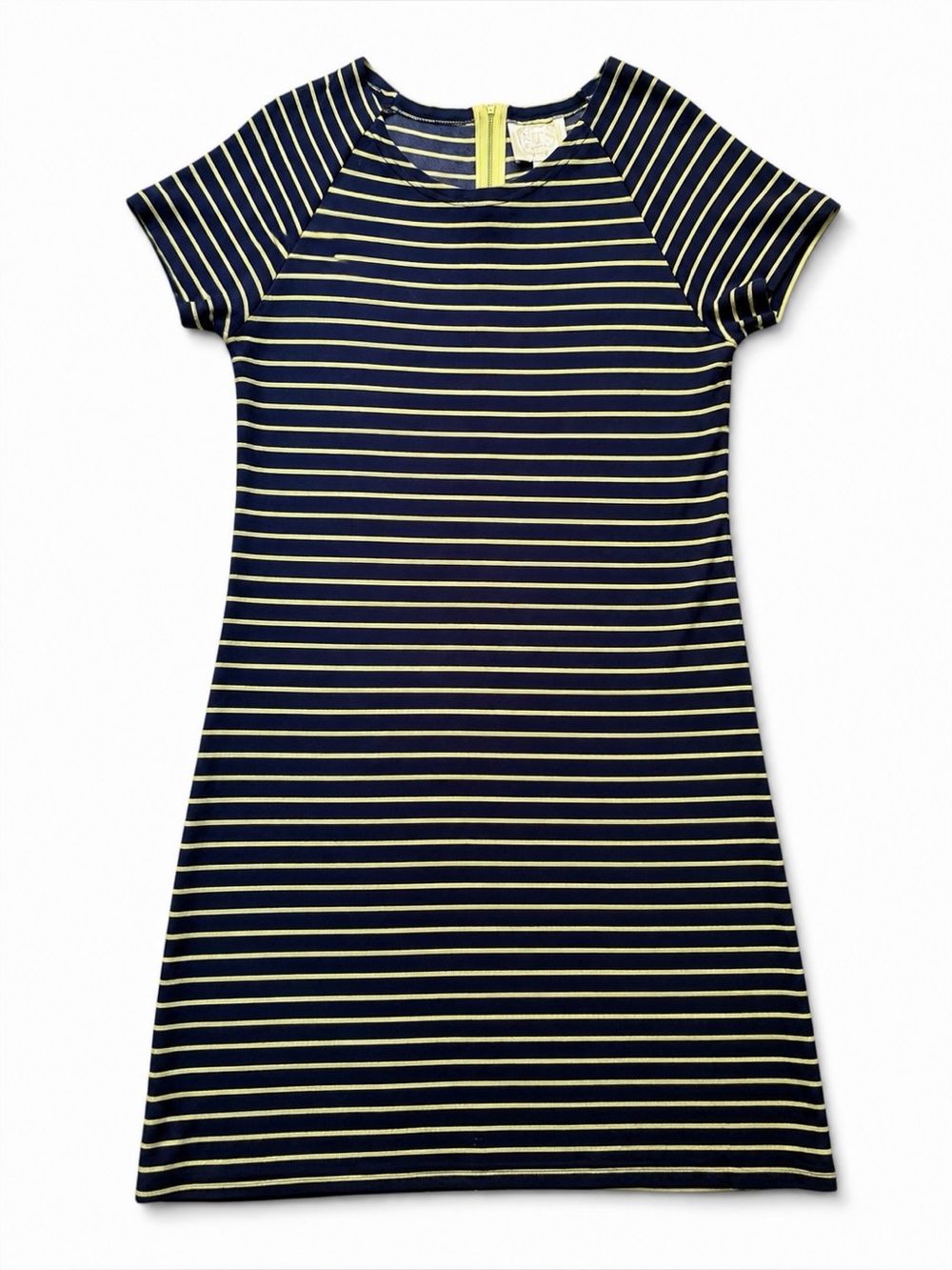 Sail to Sable STS Striped T-Shirt Shift Dress M Navy Blue Lime Green Back Zip